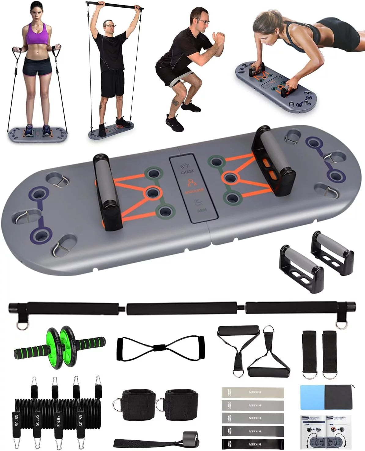 Home Workout Equipment to Help Achieve Fitness Goals, 27-In-1 Portable Gym Exercise Equipment with Compact Push-Up Board, Resistance Bands, Ab Roller Wheel, and Pilates Bar